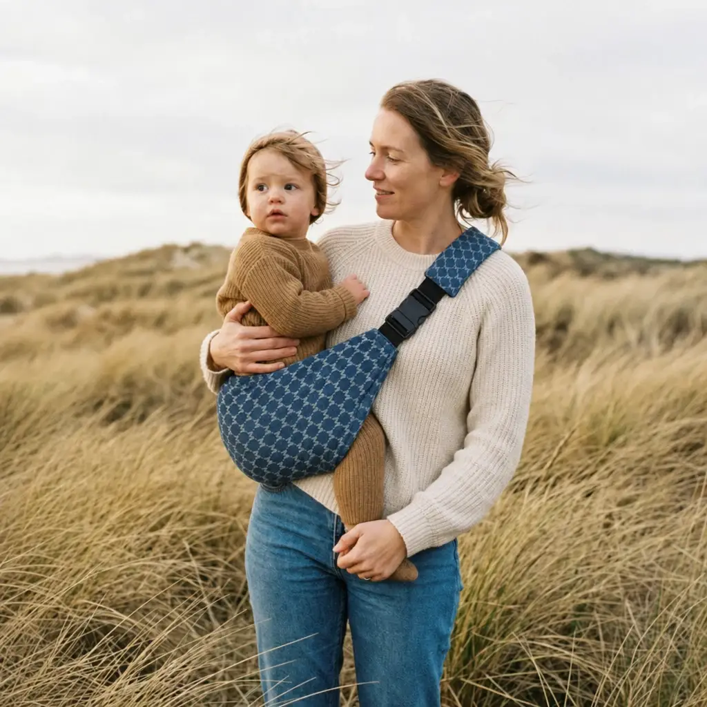Maman portant son enfant sur la hanche avec le porte-bébé Billie & Bo Jean bleu