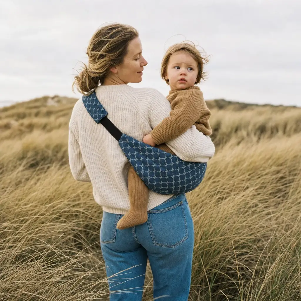Porte-bébé de hanche Billie & Bo Jean bleu porté, vue de dos