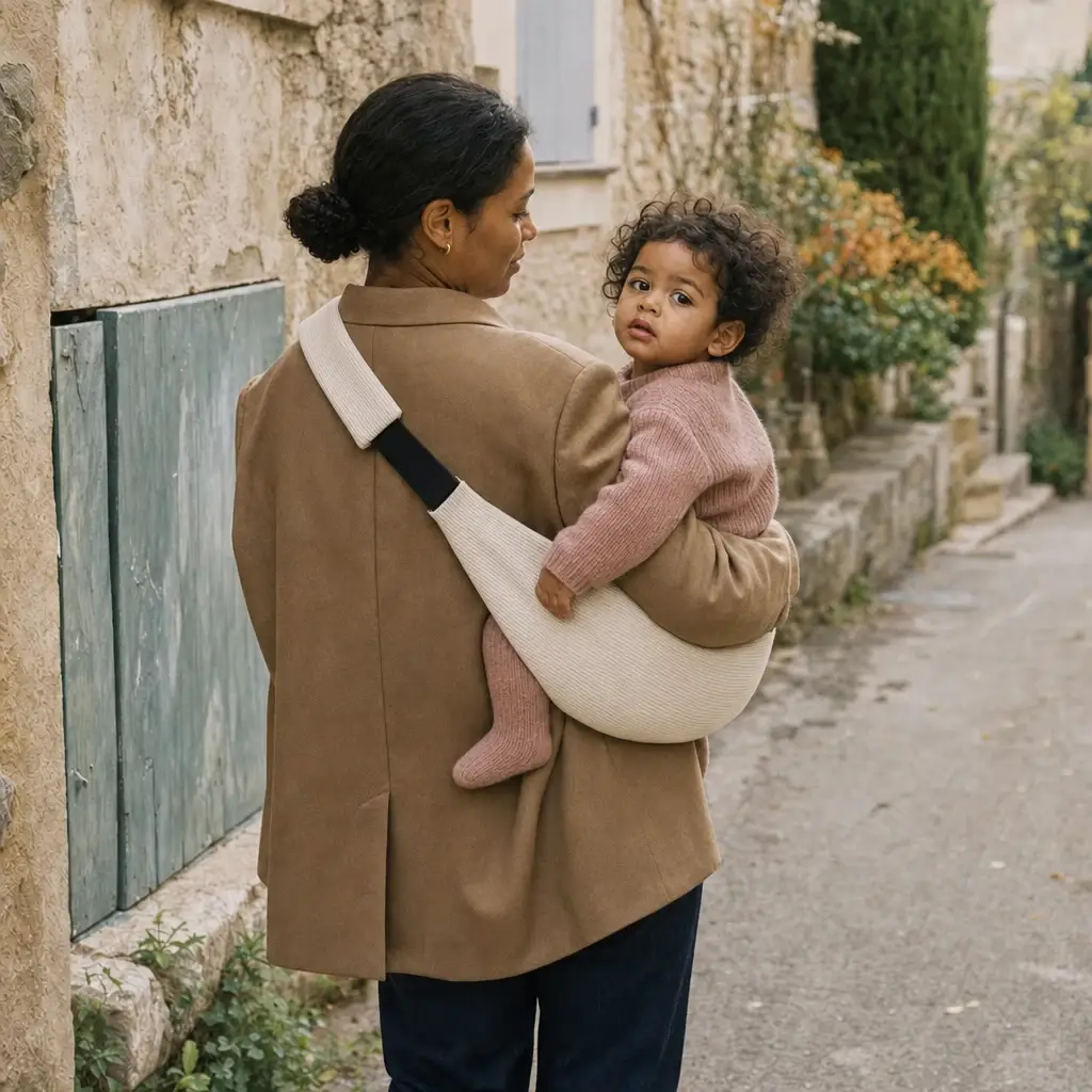 Porte-bébé de hanche Billie & Bo Velours côtelé écru, porté, vue de dos