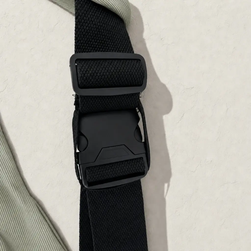 Porte-bébé de hanche Billie & Bo Velours côtelé vert sauge, détail de la boucle et de la sangle